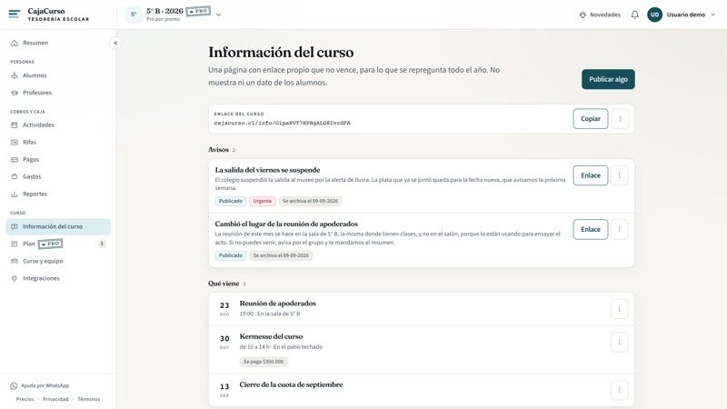 La pantalla de Información del curso recién abierta, con el enlace arriba y las preguntas propuestas abajo