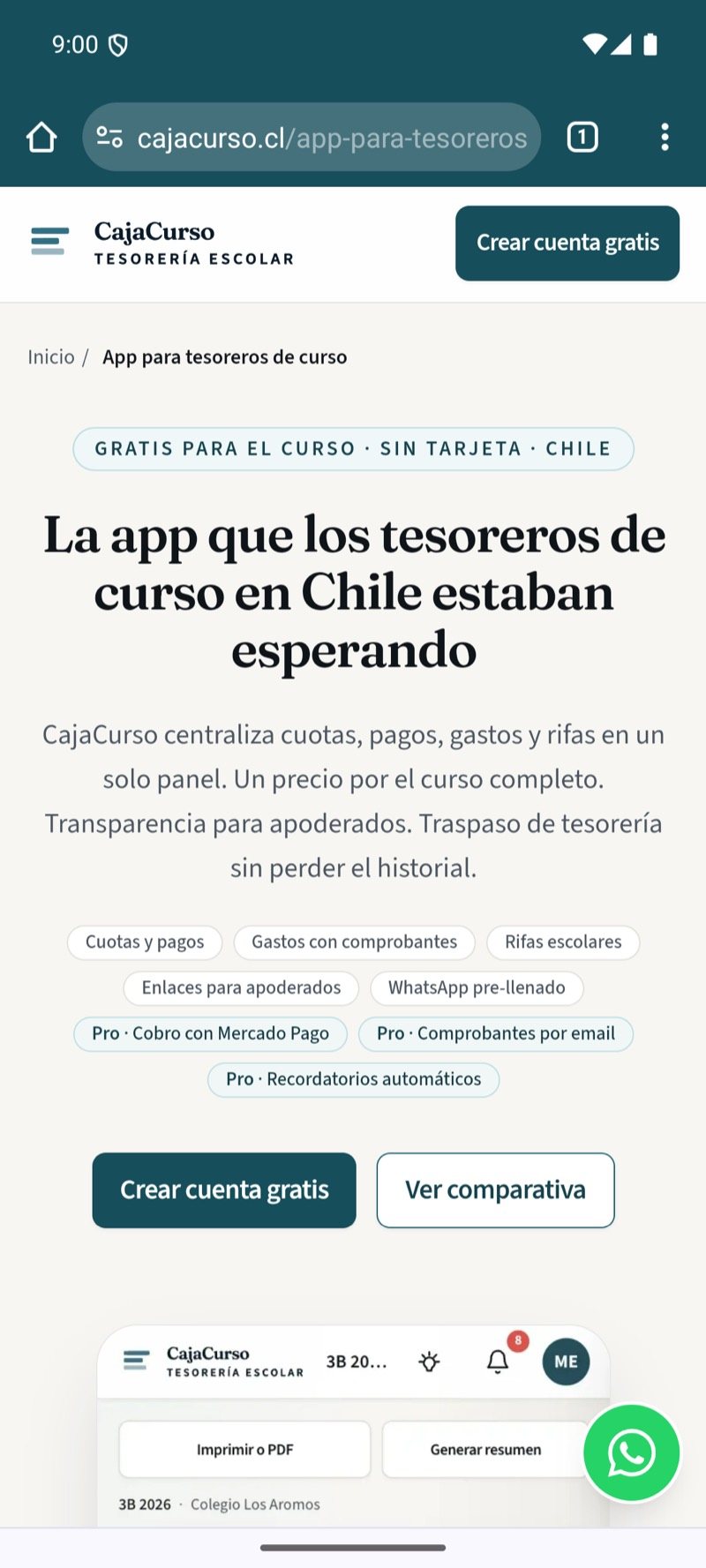 CajaCurso abierto en Chrome en un teléfono Android