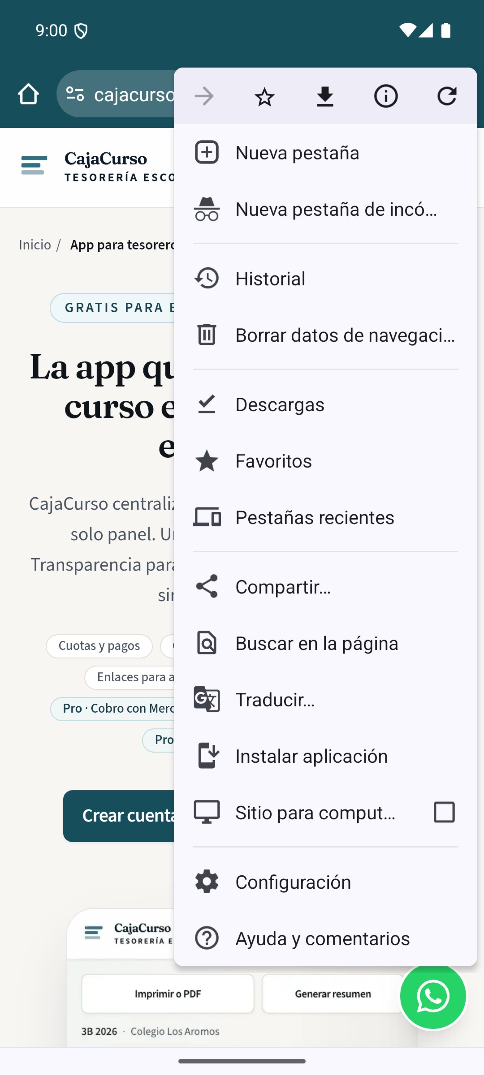 Menú de Chrome abierto con la opción Instalar aplicación