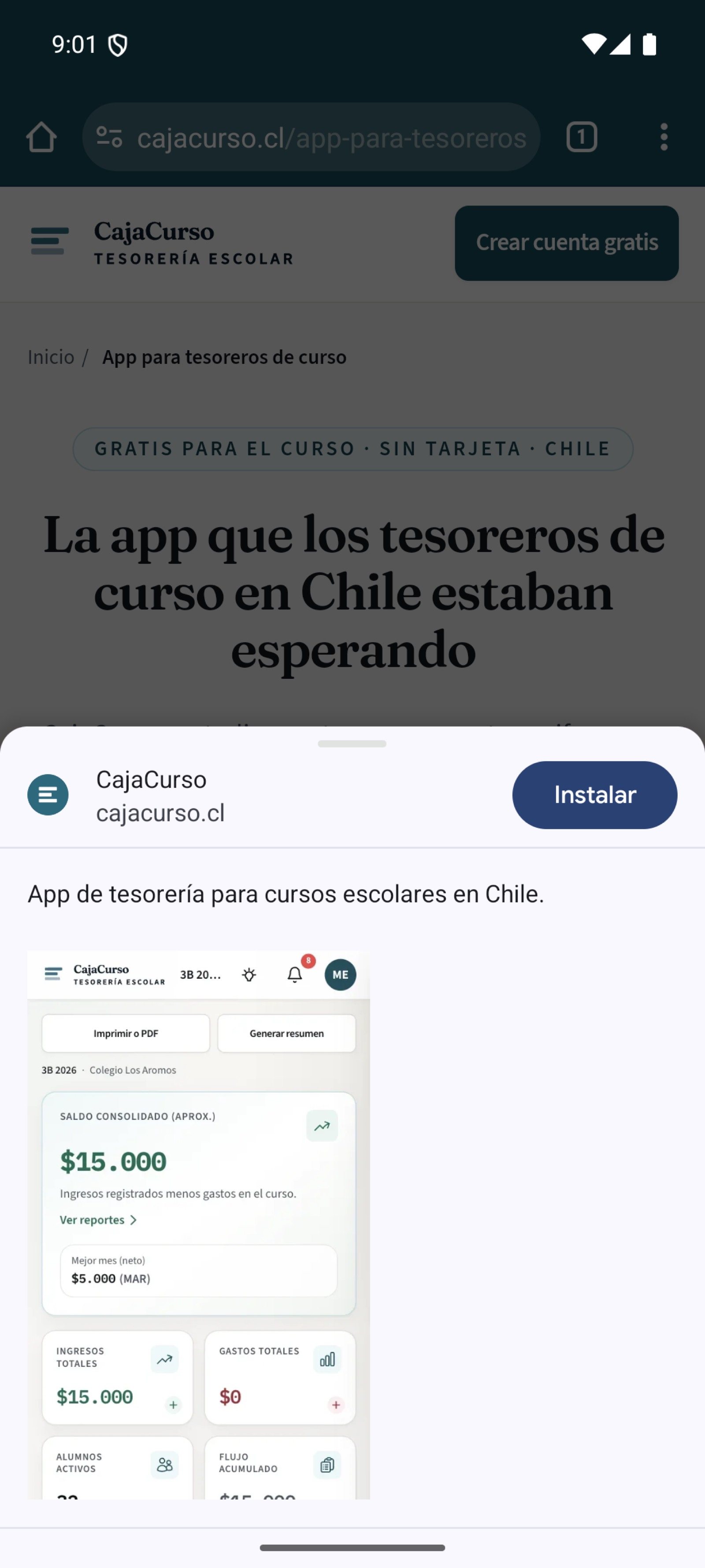Diálogo de instalación con el nombre CajaCurso, el dominio cajacurso.cl y una vista de la app