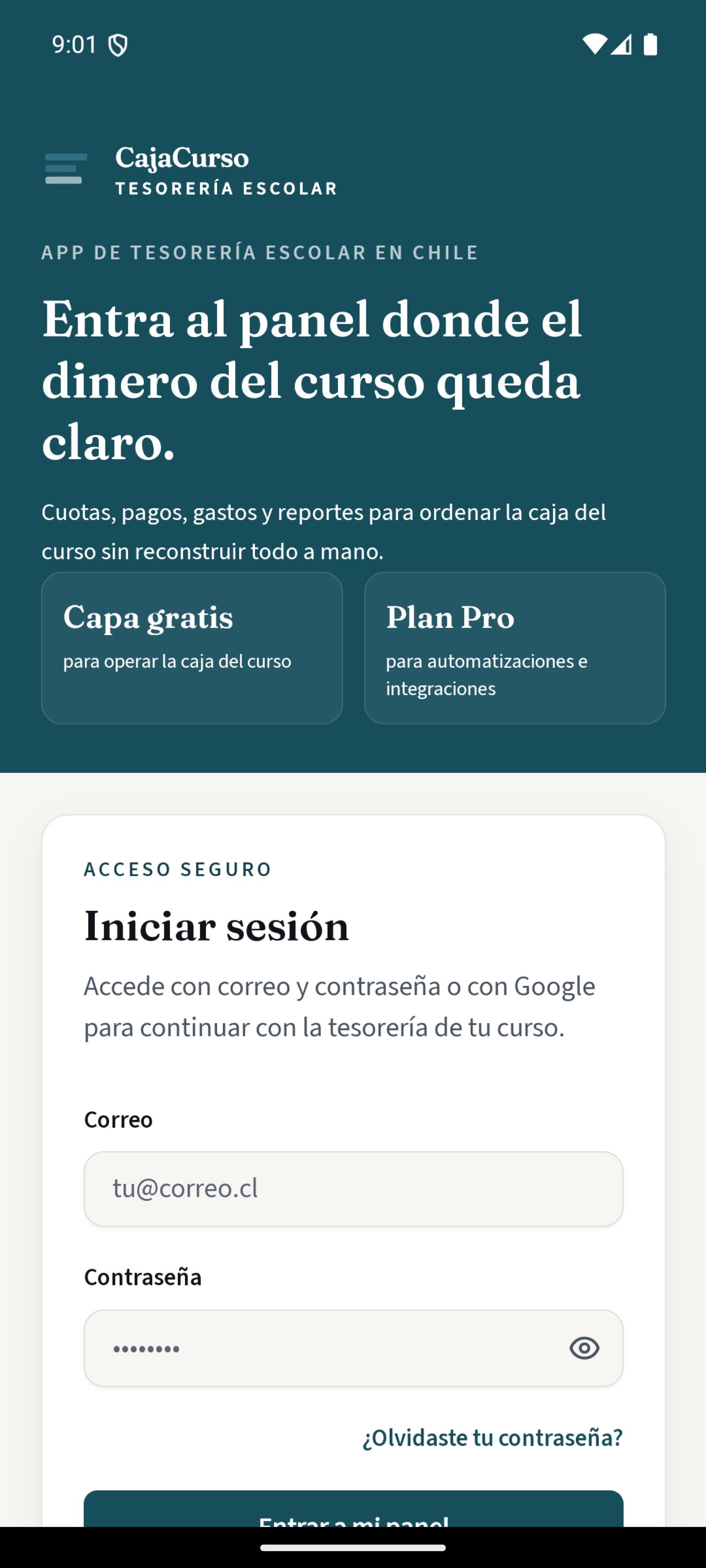 CajaCurso abierto a pantalla completa en Android, sin la barra del navegador