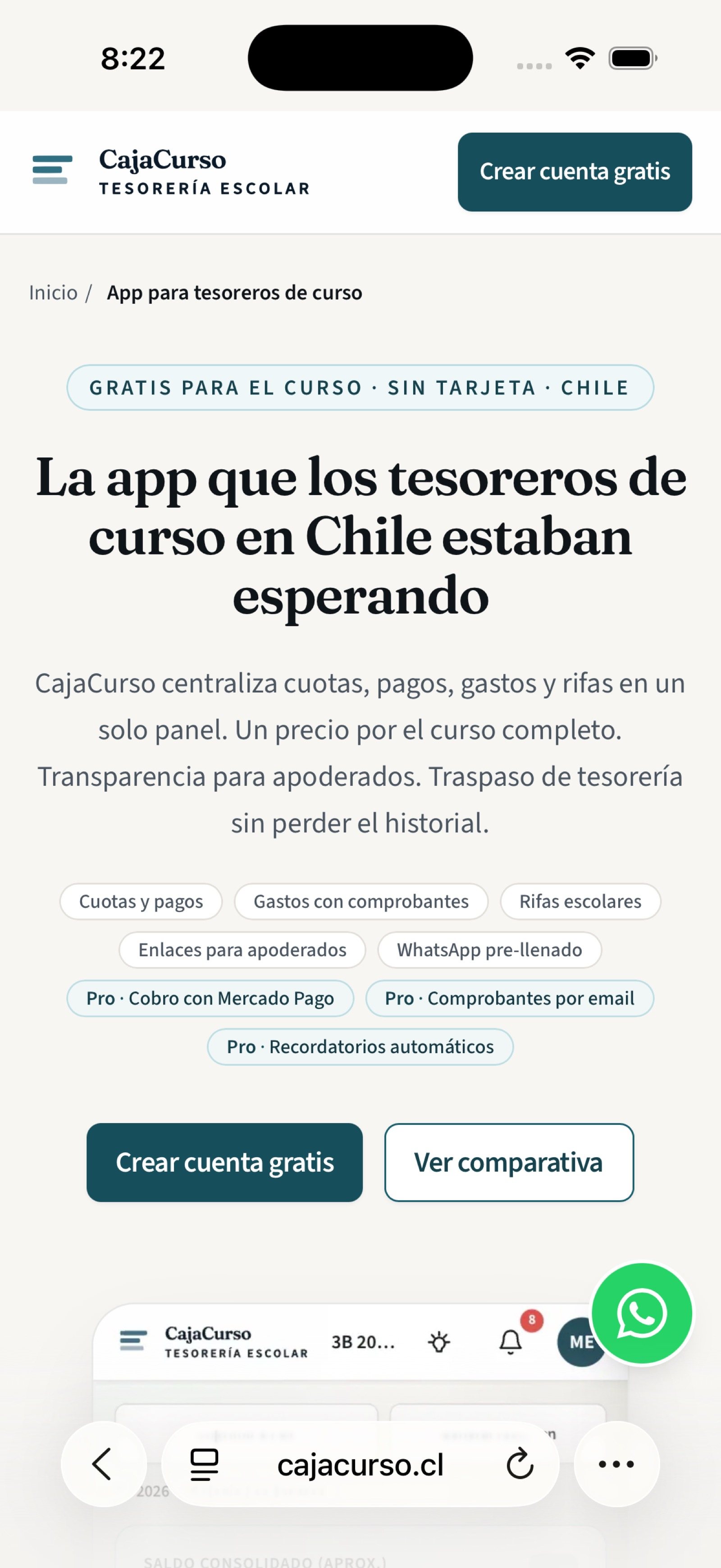 CajaCurso abierto en Safari en un iPhone
