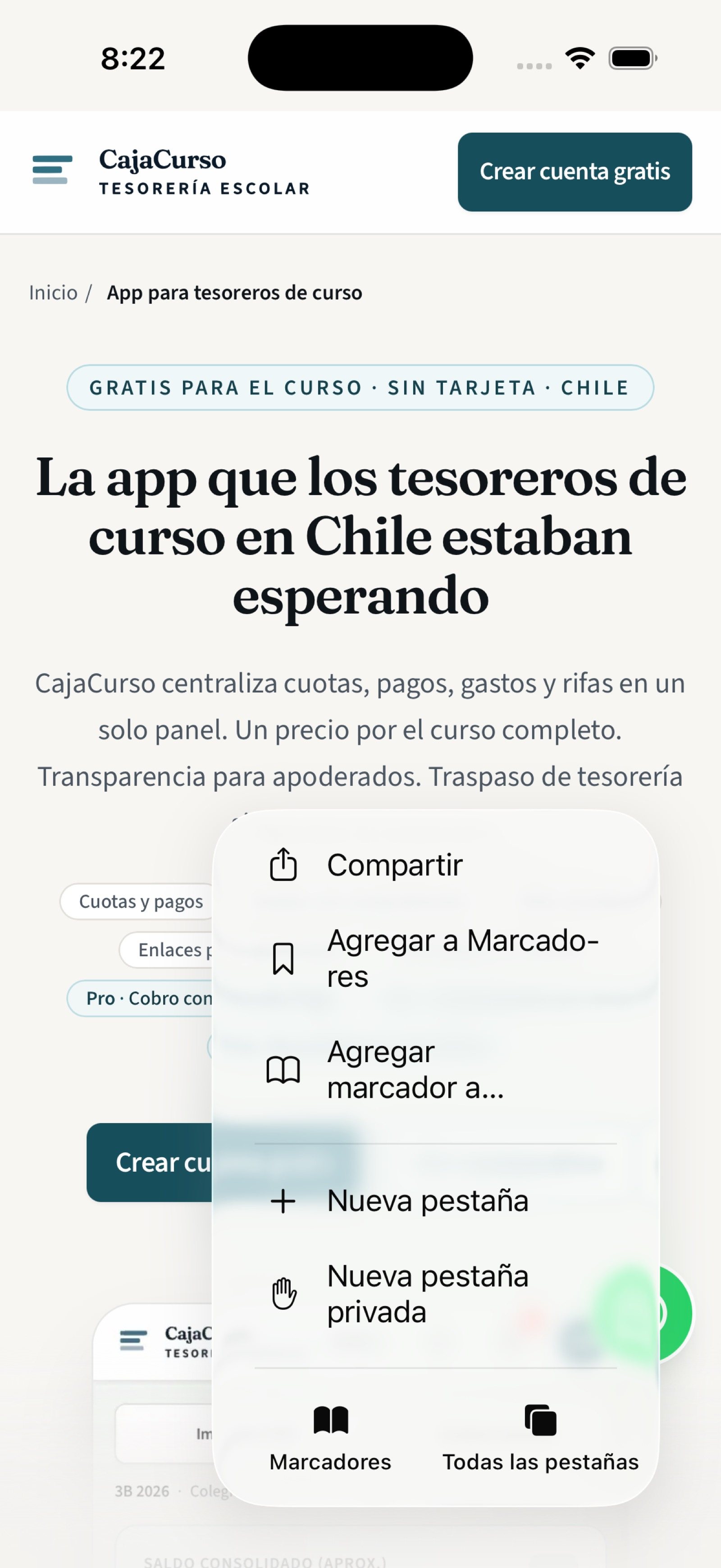 Menú de Safari abierto con la opción Compartir arriba