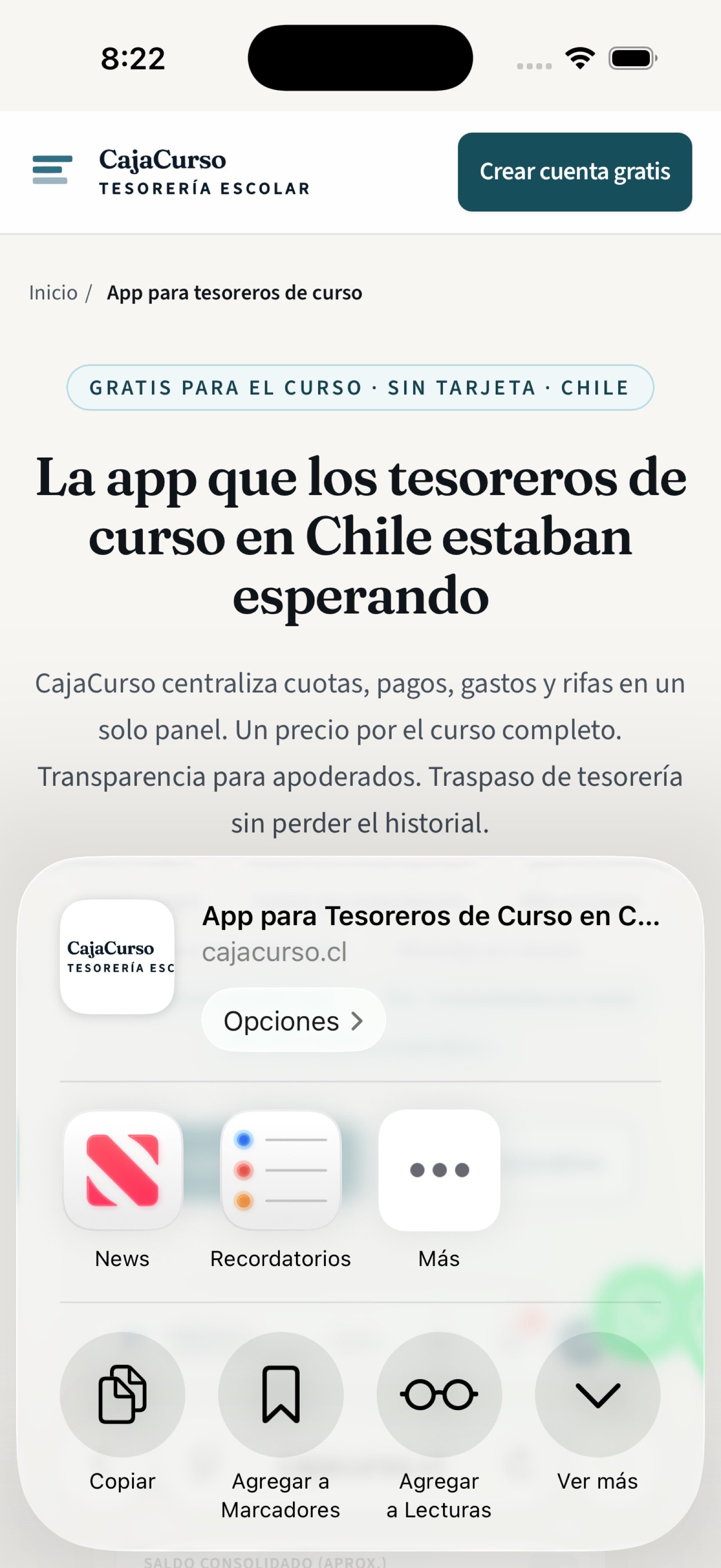 Hoja de compartir de iOS en su versión corta, con el botón Ver más