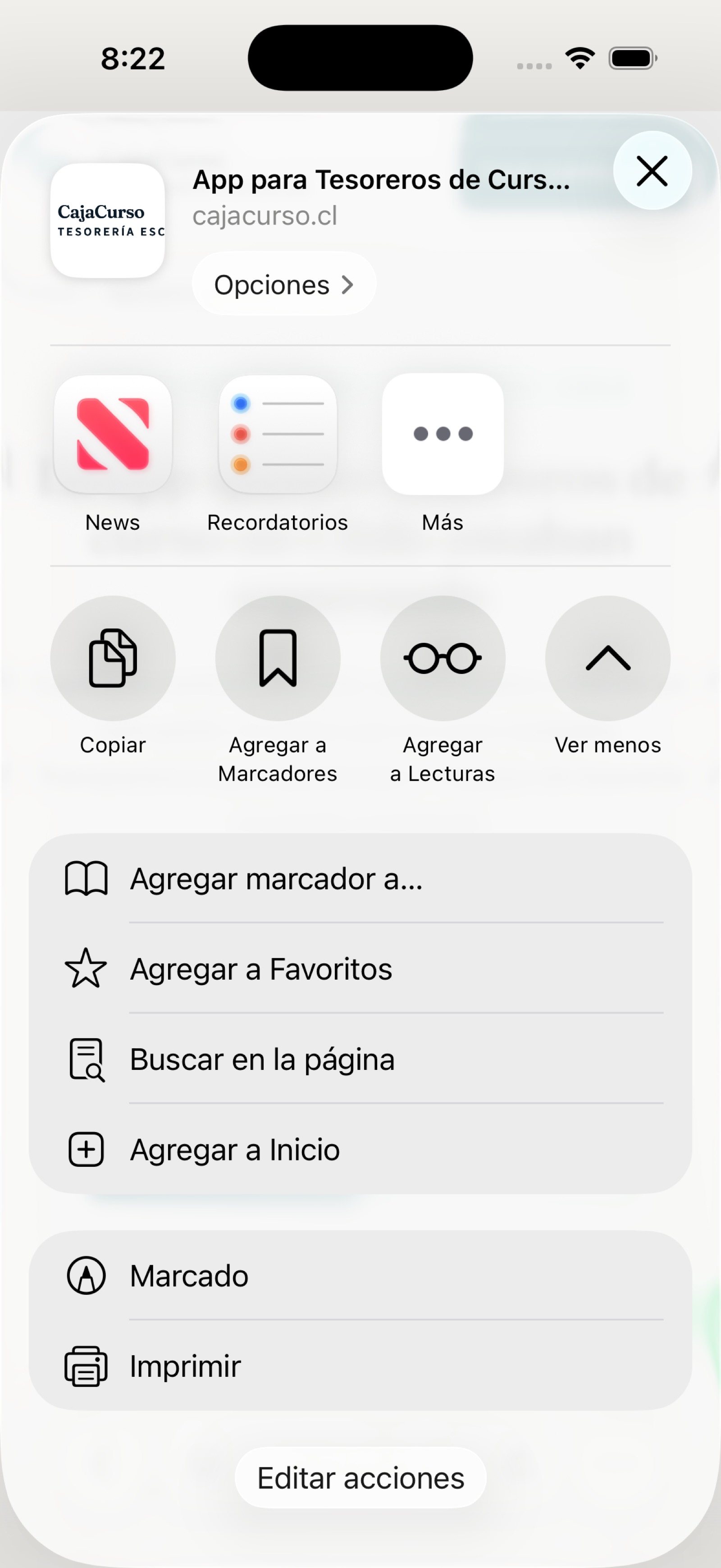 Lista completa de la hoja de compartir con la opción Agregar a Inicio
