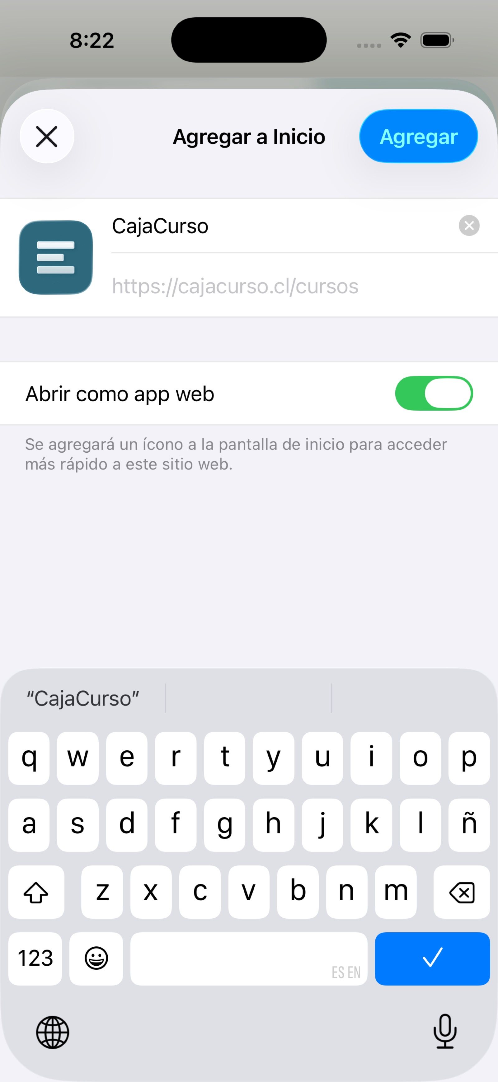 Pantalla de Agregar a Inicio con el nombre CajaCurso y su ícono