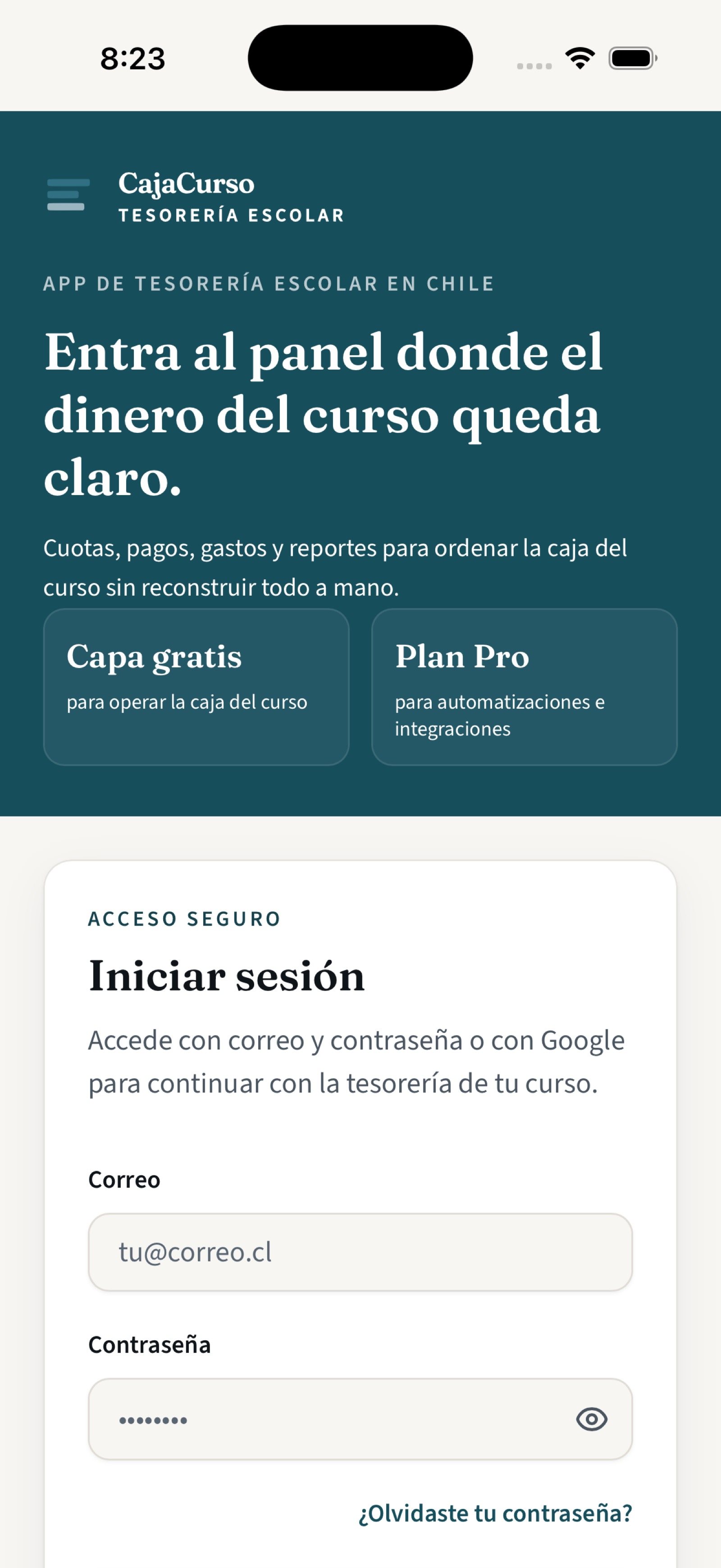 CajaCurso abierto a pantalla completa en el iPhone, sin la barra de Safari