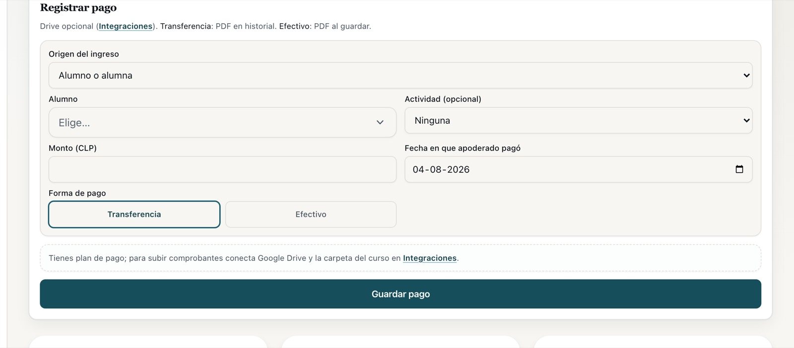 El formulario de registro con el selector de origen del ingreso