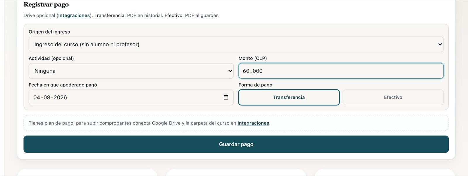 El formulario con el origen en ingreso del curso y el monto de 60.000