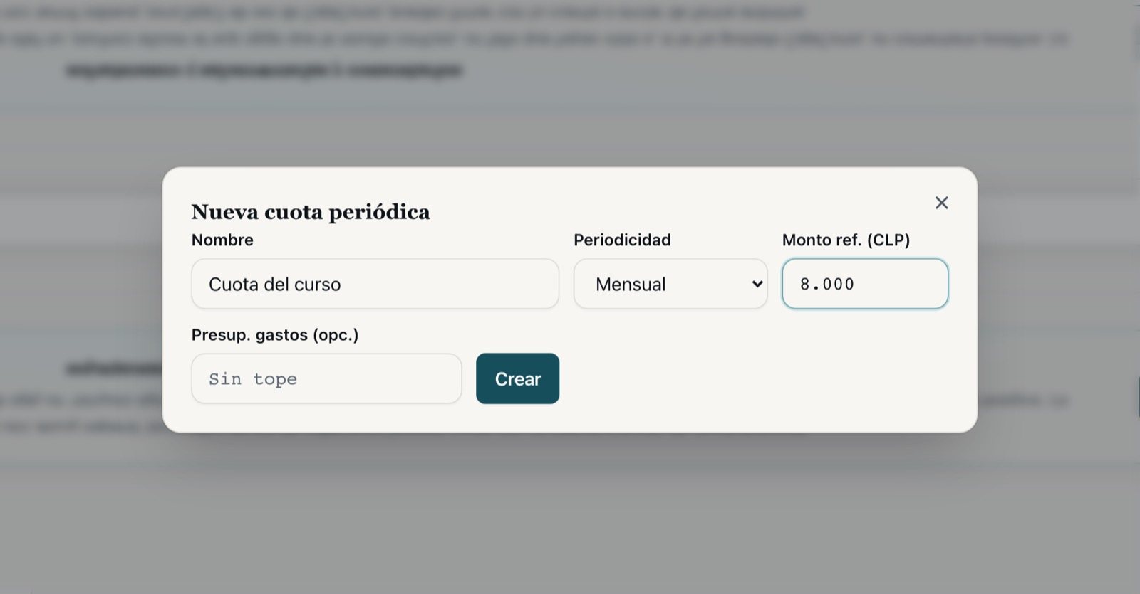 Formulario de nueva cuota periódica con nombre y monto