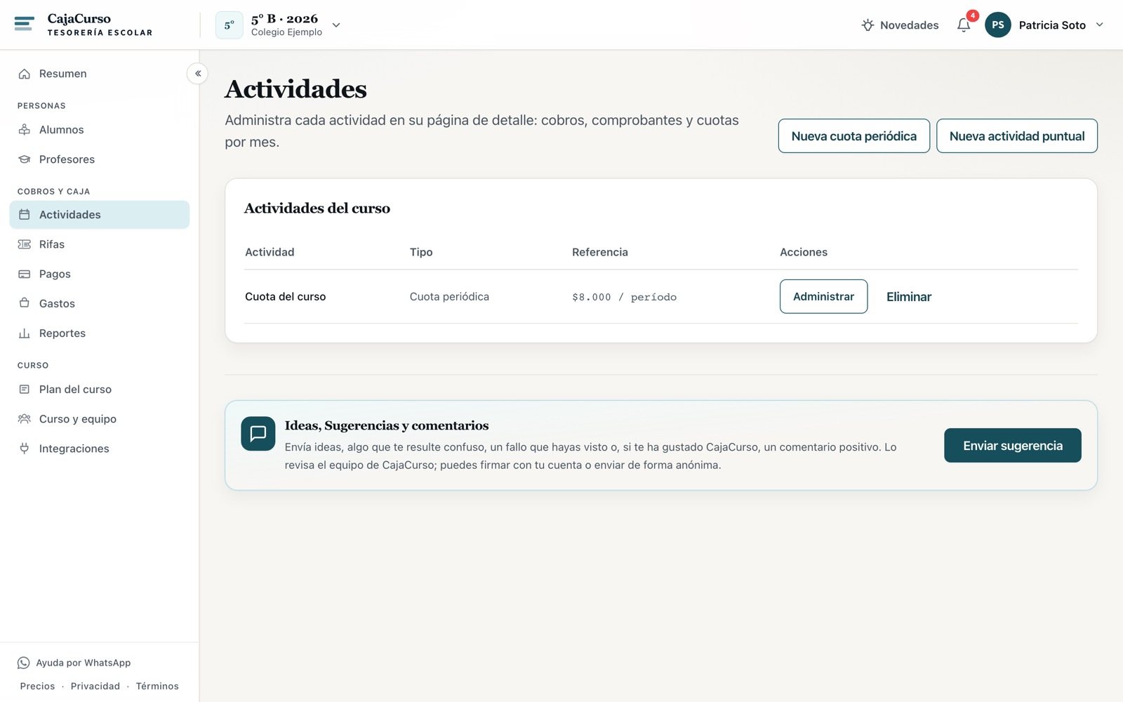 La cuota del curso ya creada en la lista de actividades