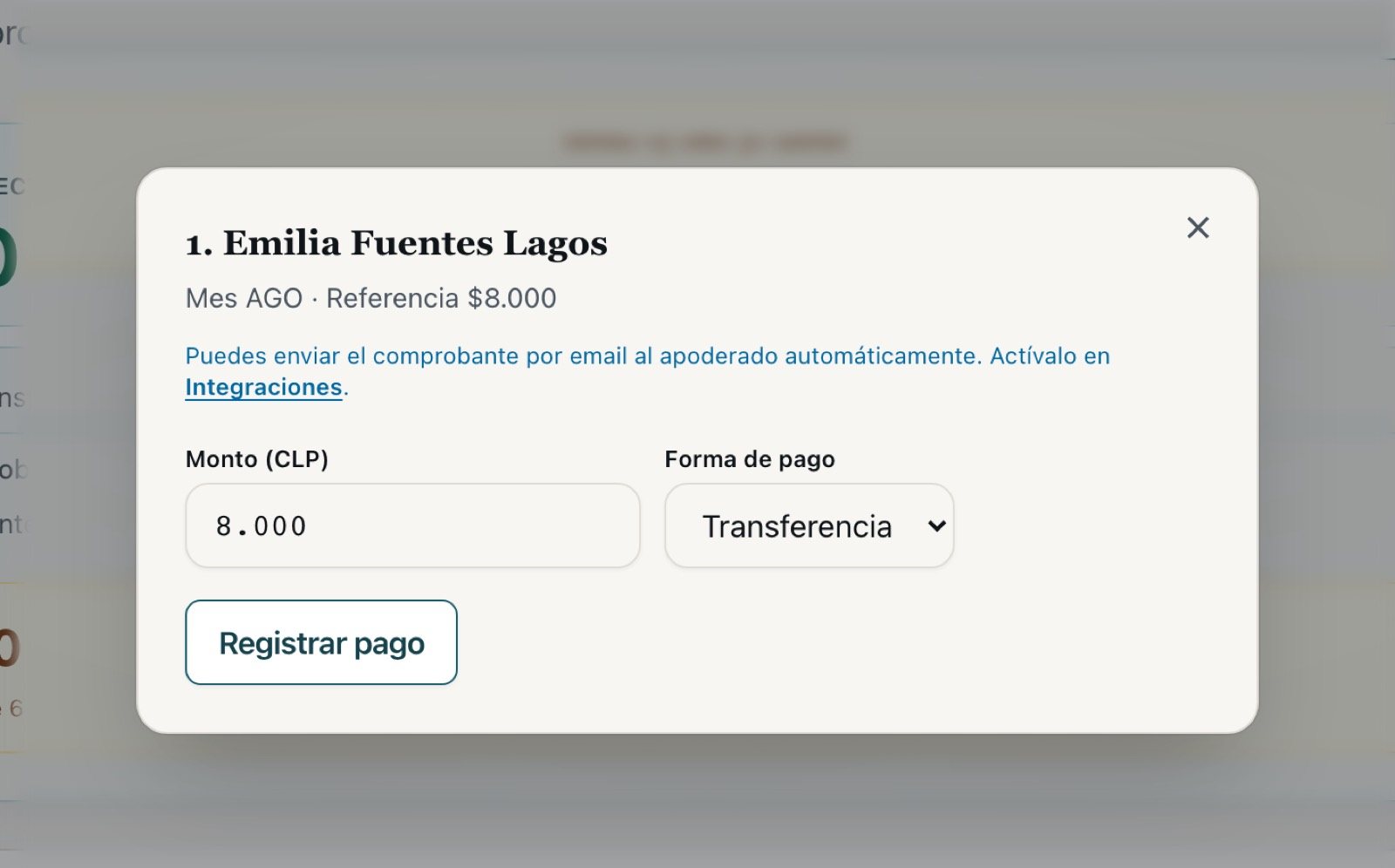 Formulario para registrar el cobro del mes de un alumno