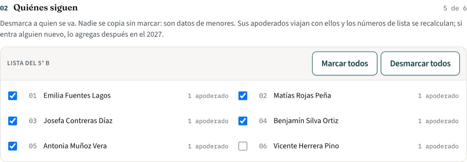 Lista del curso con una casilla por alumno y el contador de cuántos siguen