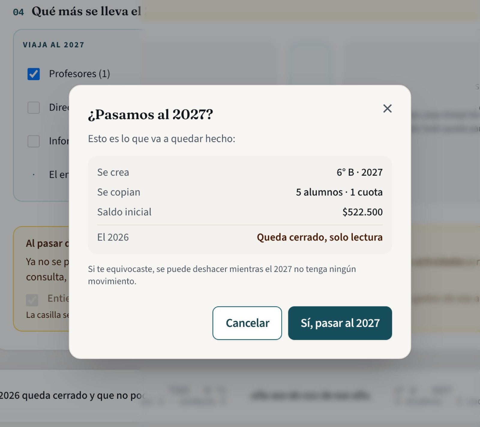 Ventana de confirmación con el resumen de lo que se va a crear