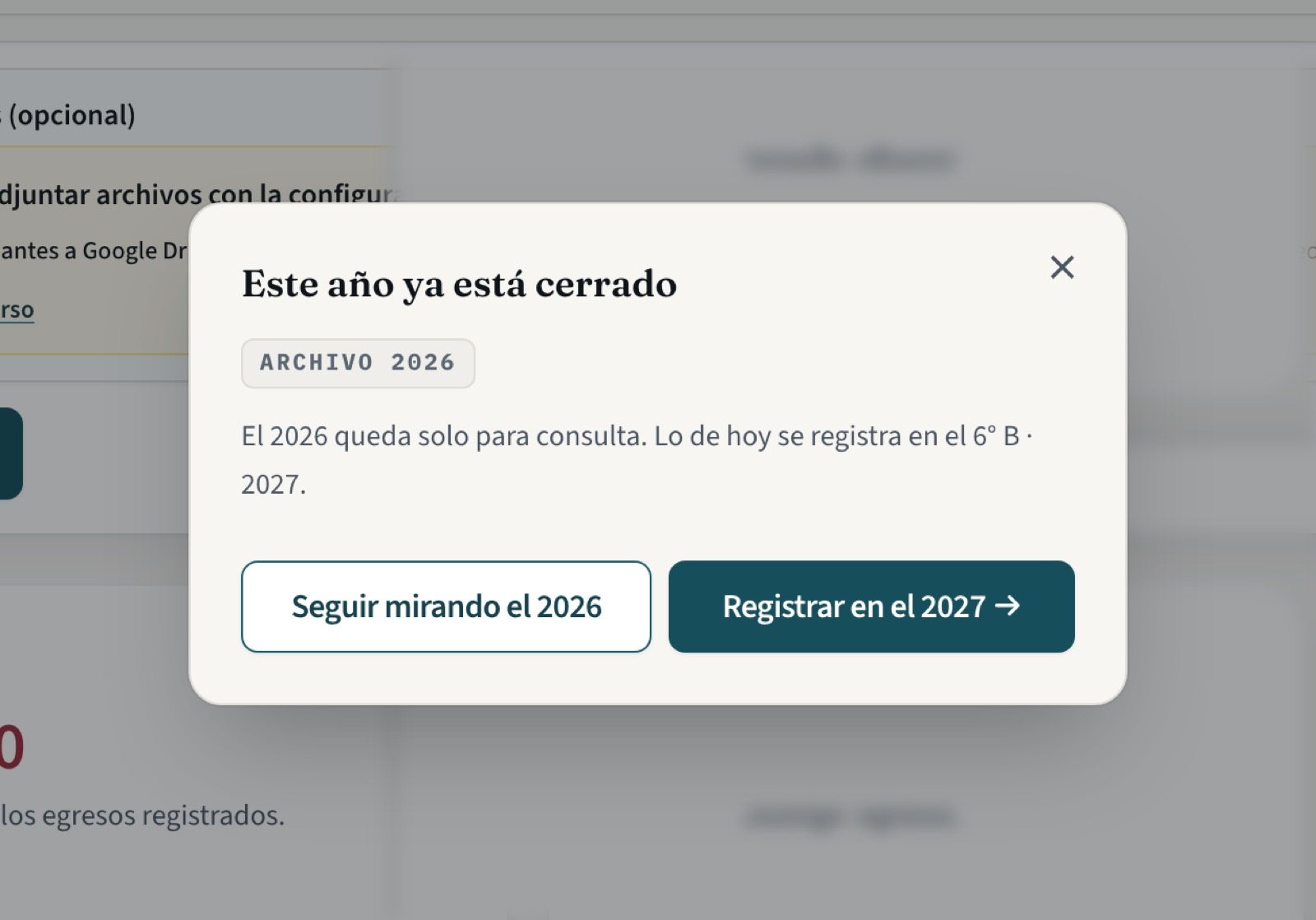 Ventana avisando que el año está cerrado, con el enlace para registrar en el año vigente