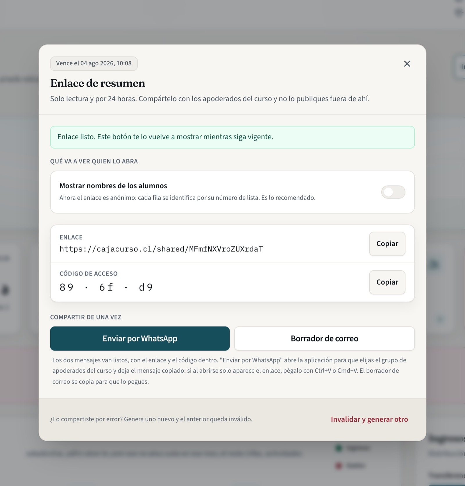 Ventana del enlace de resumen con el enlace, el código de acceso y los botones para compartir