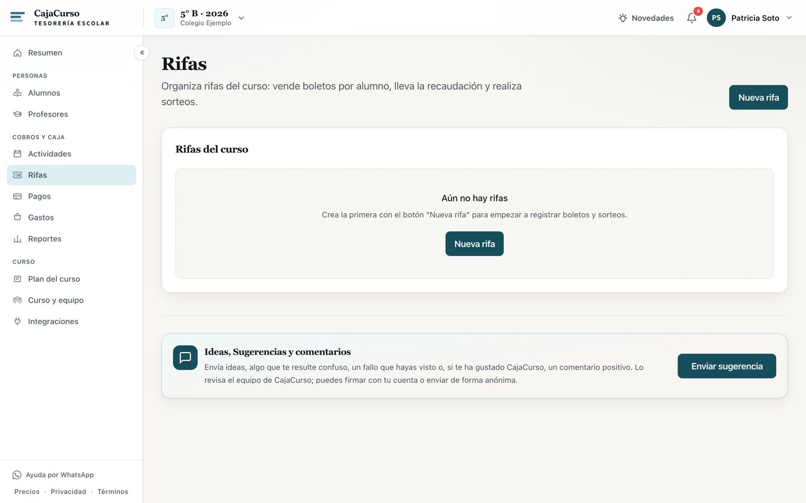 Pantalla de Rifas del curso, todavía sin ninguna