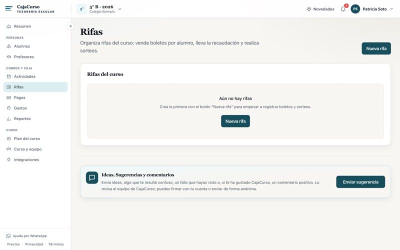 Pantalla de Rifas del curso, todavía sin ninguna