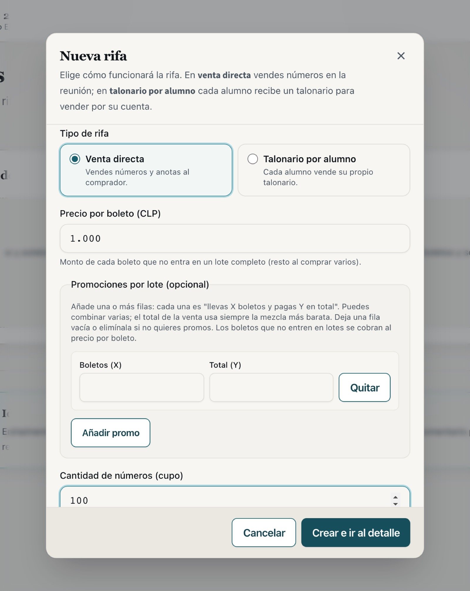 Formulario de nueva rifa con venta directa, precio 1.000 y cupo 100
