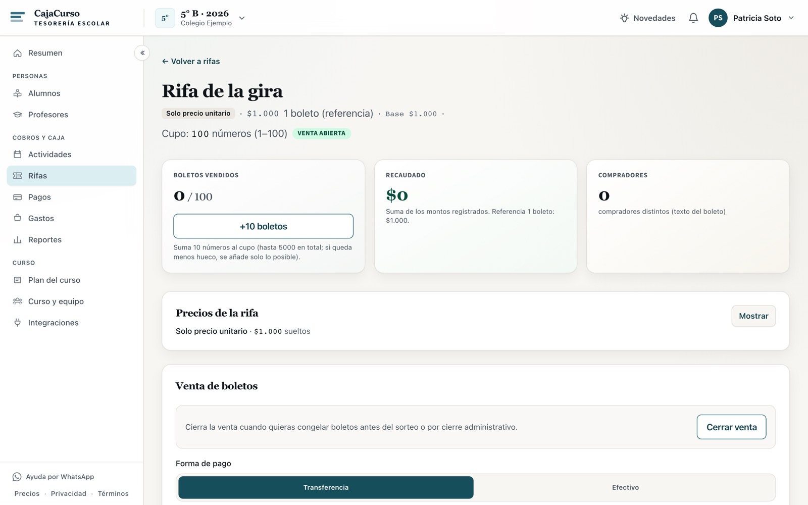 El detalle de la rifa recién creada, con cero boletos vendidos