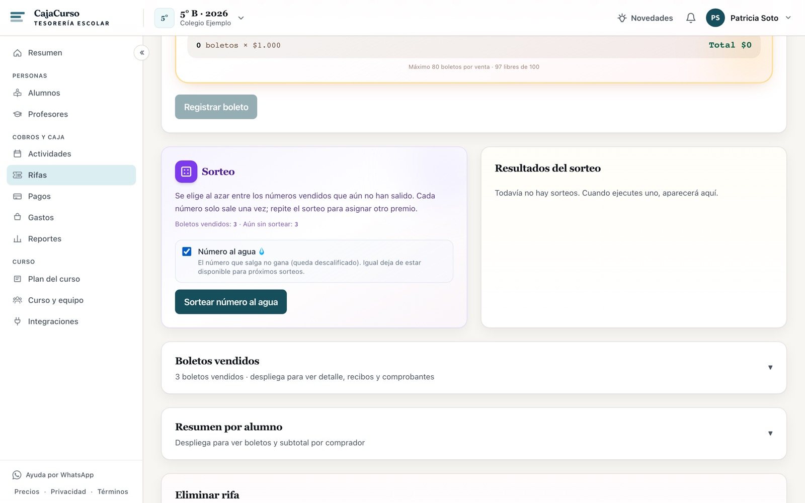 El panel de sorteo con la casilla de número al agua marcada