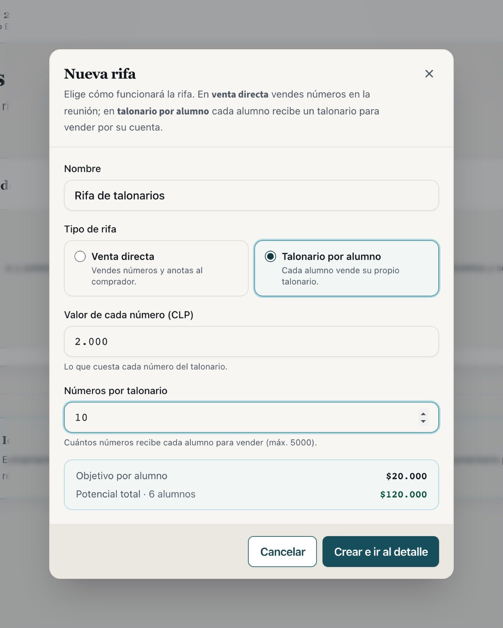 Formulario de nueva rifa con talonario por alumno, precio y números por talonario