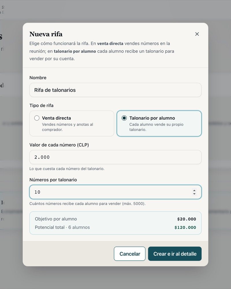 Formulario de nueva rifa con talonario por alumno, precio y números por talonario