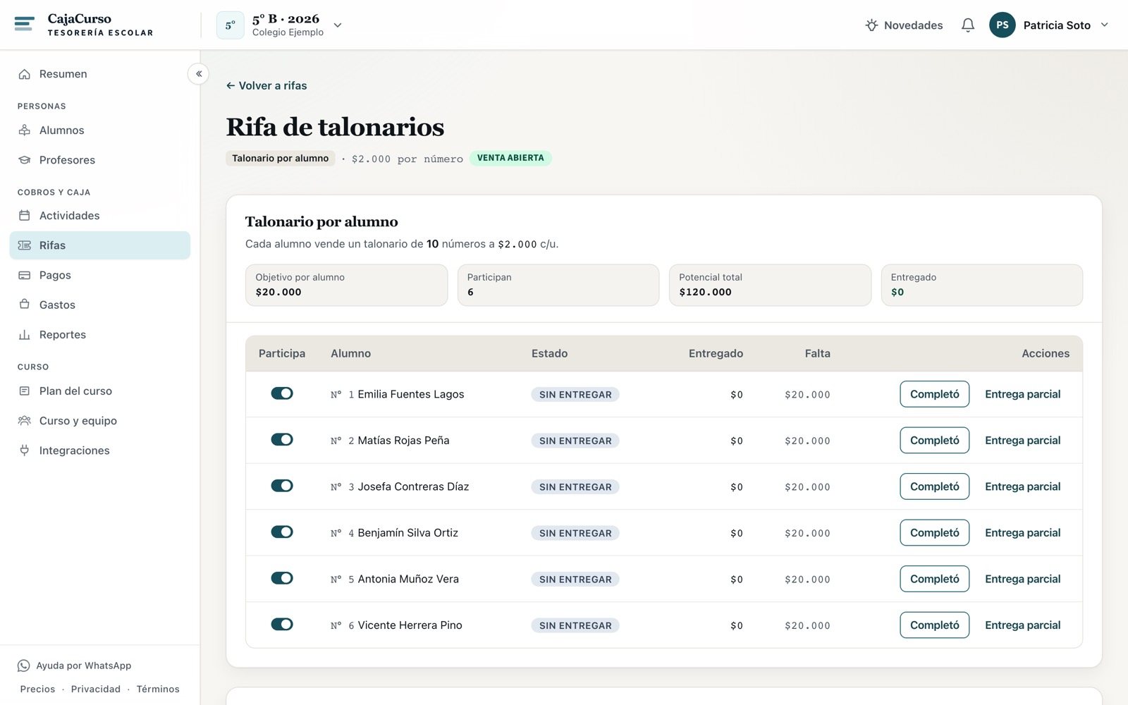 La rifa de talonario recién creada, con los seis alumnos sin entregar