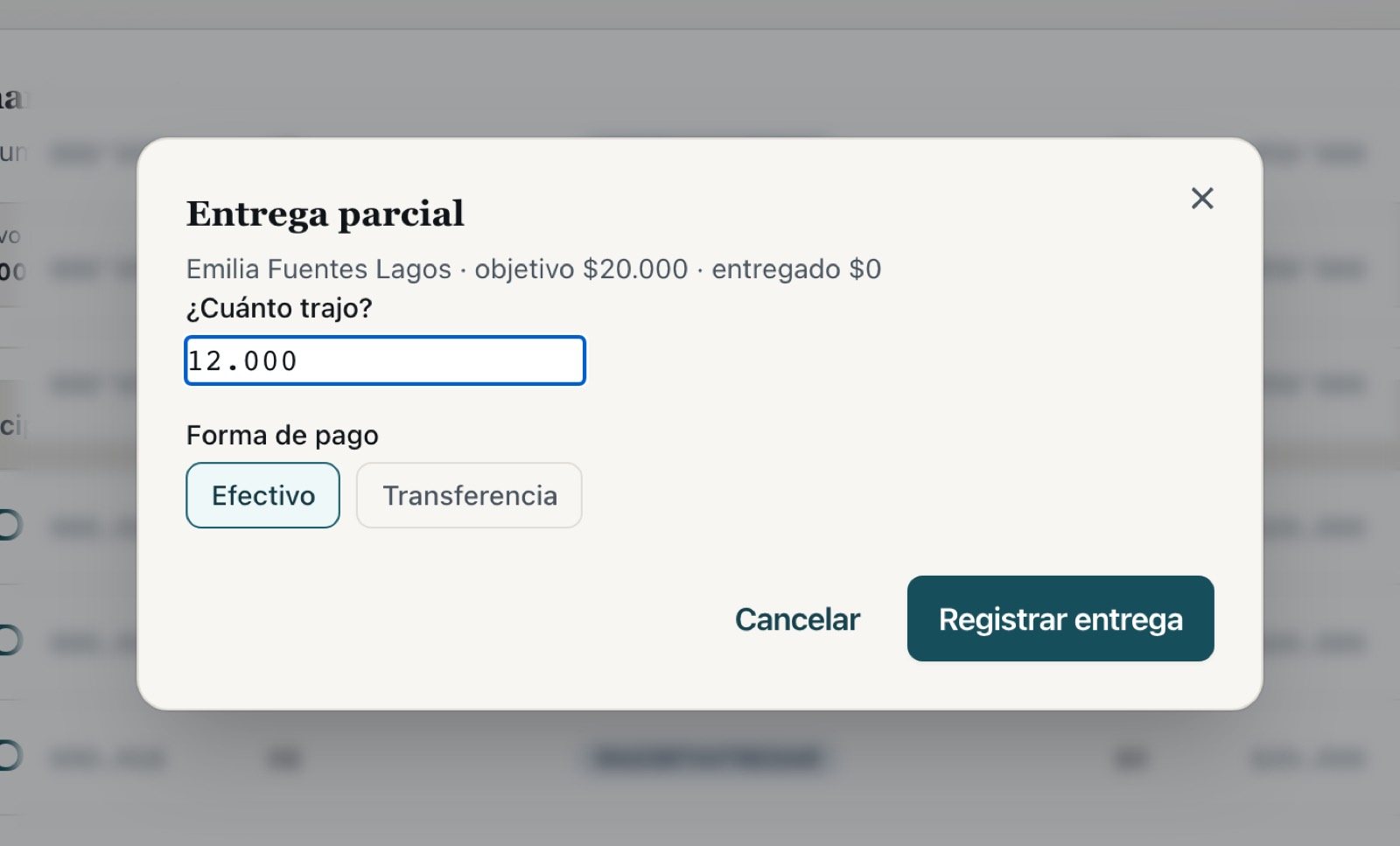 Ventana de entrega parcial con el monto y la forma de pago