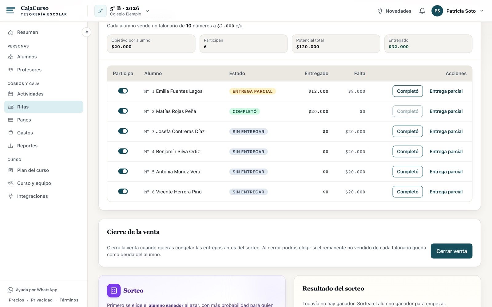 La lista con una entrega parcial, una completa y el resto sin entregar
