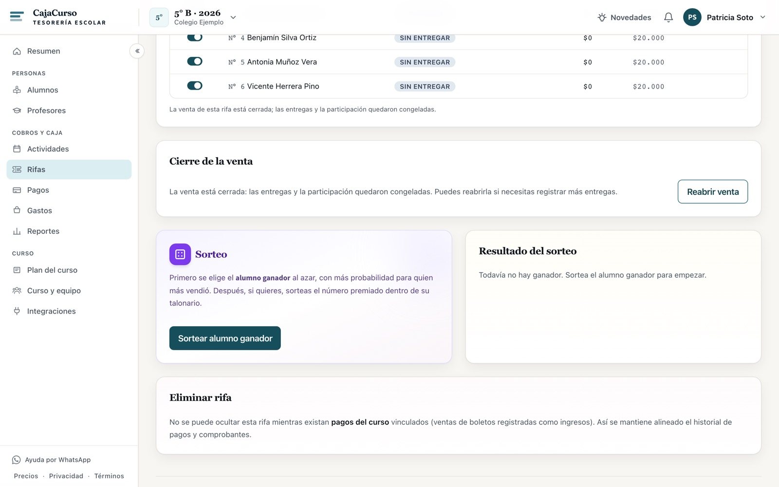 El panel de sorteo con la venta ya cerrada