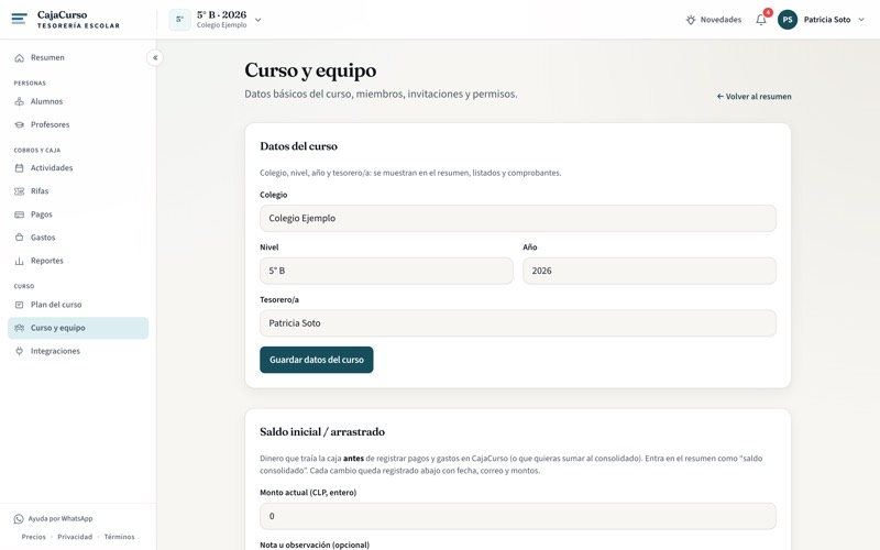 Menú lateral de CajaCurso con la opción Curso y equipo seleccionada