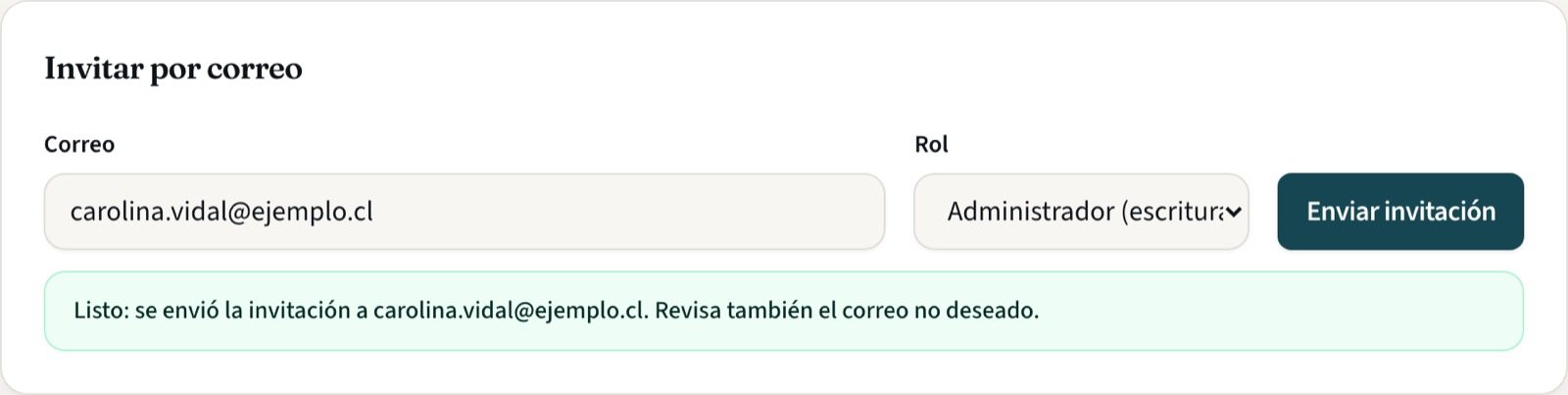 Aviso verde confirmando que se envió la invitación
