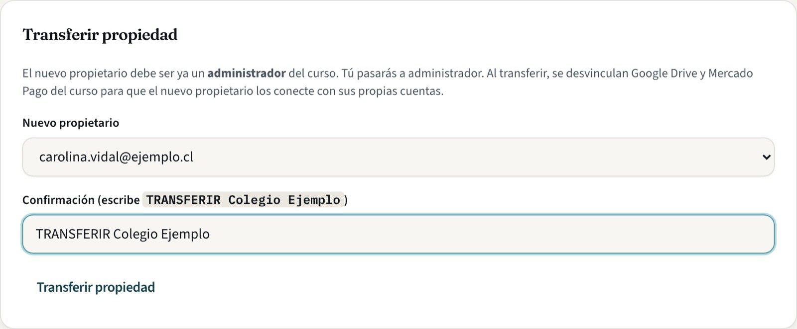 Tarjeta Transferir propiedad con la nueva propietaria elegida y la confirmación escrita
