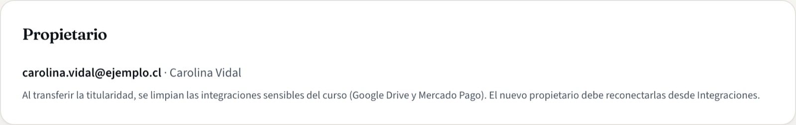 Tarjeta Propietario mostrando el correo de la nueva dueña del curso