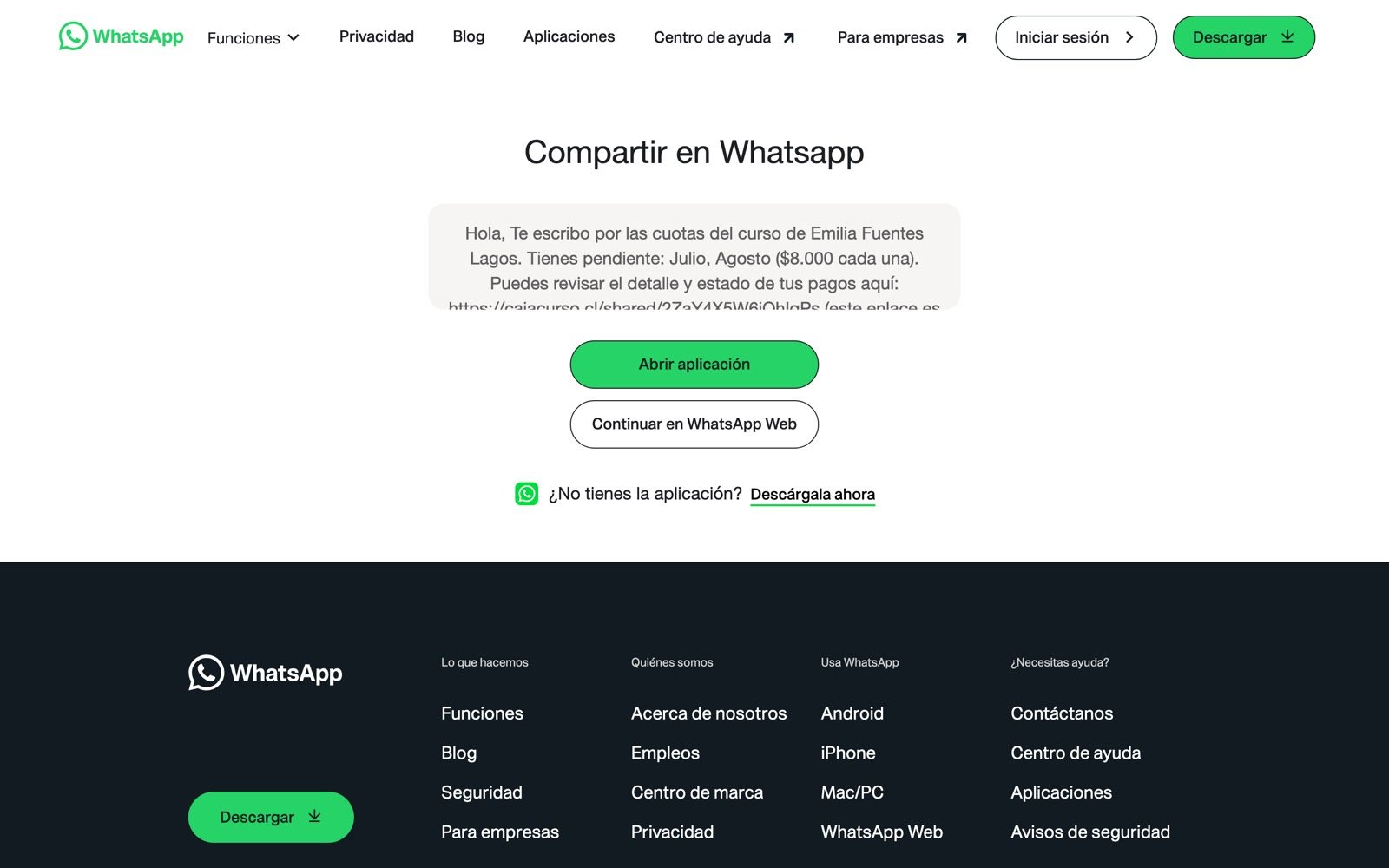 La pantalla de WhatsApp con el mensaje del recordatorio ya redactado y el botón para abrir la aplicación
